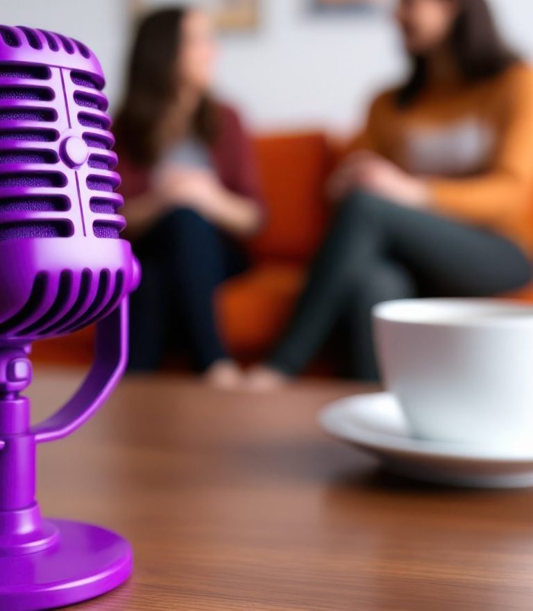 Im Hintergrund 2 Menschen auf dem Sofa, in einer Gesprächssituation. Im Vordergrund eine Tasse Kaffee auf dem Tisch und ein Mikrofon.