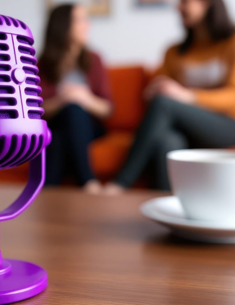 Im Hintergrund 2 Menschen auf dem Sofa, in einer Gesprächssituation. Im Vordergrund eine Tasse Kaffee auf dem Tisch und ein Mikrofon.