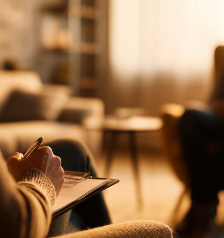 Ein Therapiegespräch findet statt. Die Therapeutin notiert etwas. Der Raum ist warm und gemütlich. Es gibt verschiedene Sitzgelegenheiten. 